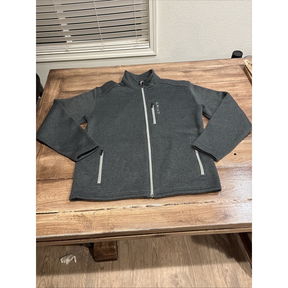 Ariat Fleece Jacket Men's Gray Logo Full Zip Mock Neck Zip Pockets Long Sleeve